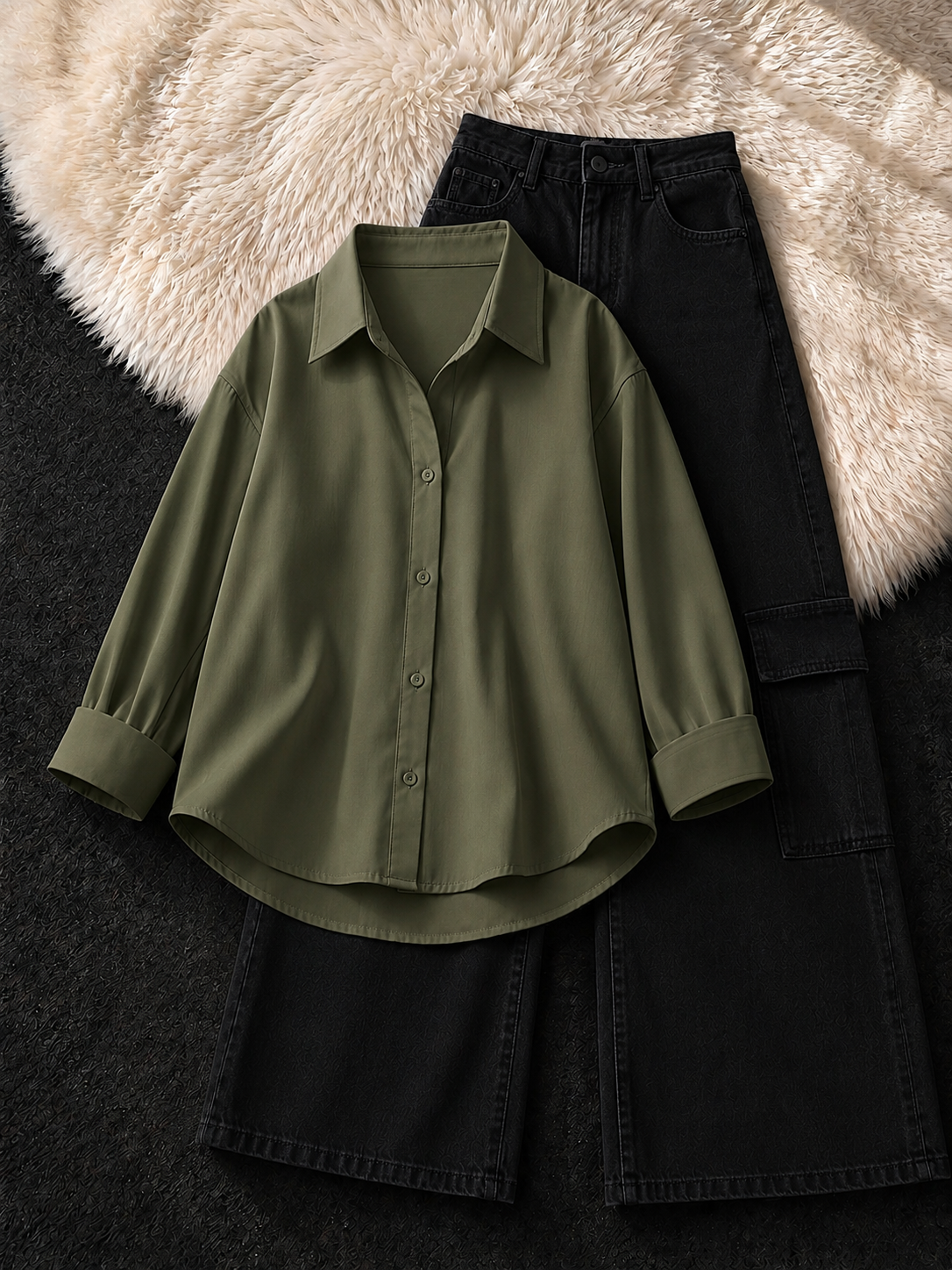 OLIVE GREEN BUTTON DOWN & BLACK CARGO JEANS