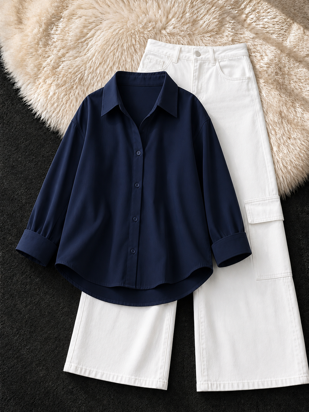 NAVY BLUE BUTTON DOWN & WHITE CARGO JEANS