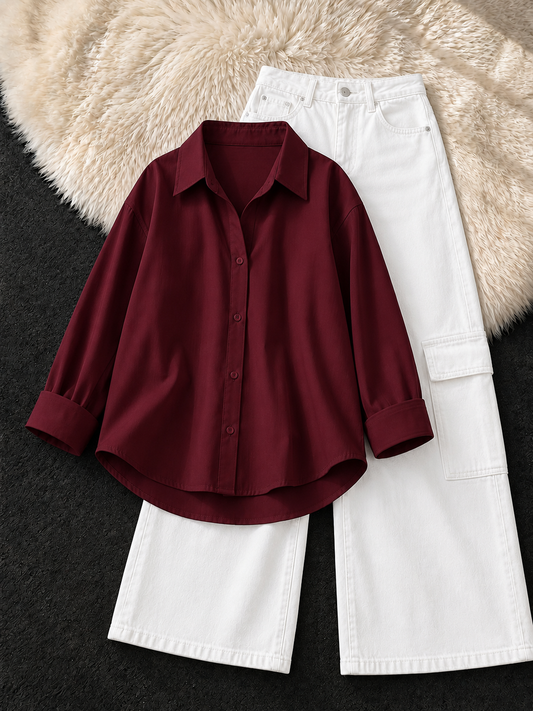 MAROON BUTTON DOWN & WHITE CARGO JEANS