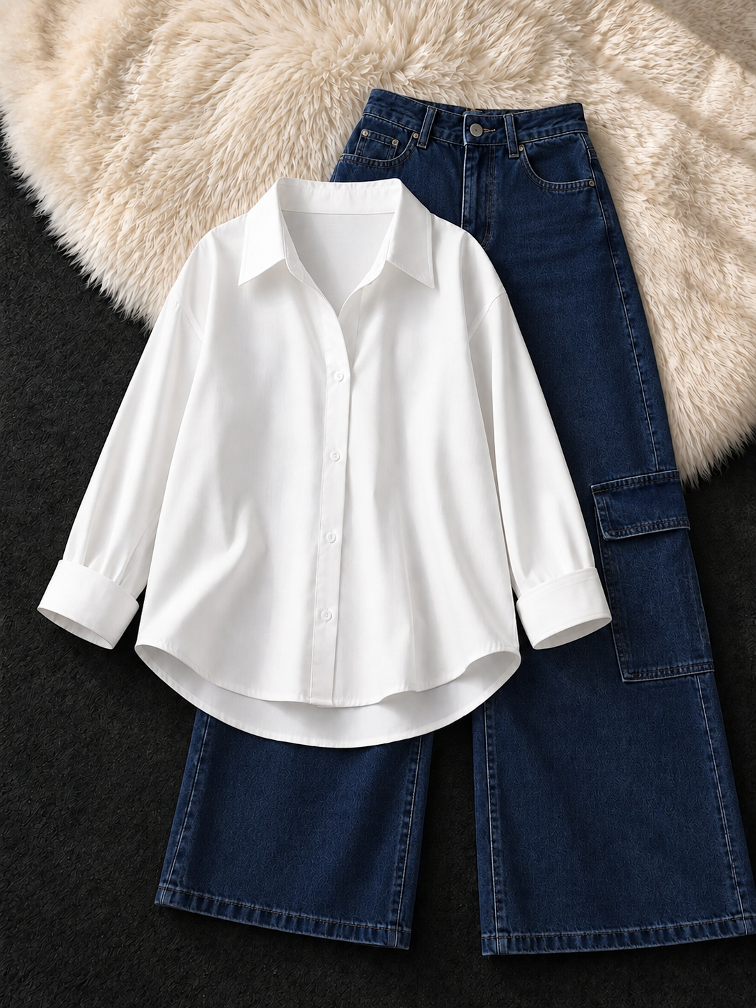 WHITE BUTTON DOWN & DARK BLUE CARGO JEANS