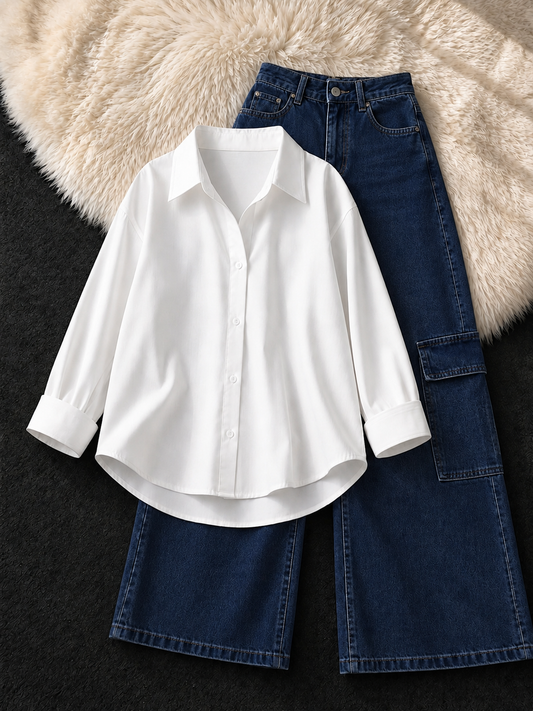 WHITE BUTTON DOWN & DARK BLUE CARGO JEANS