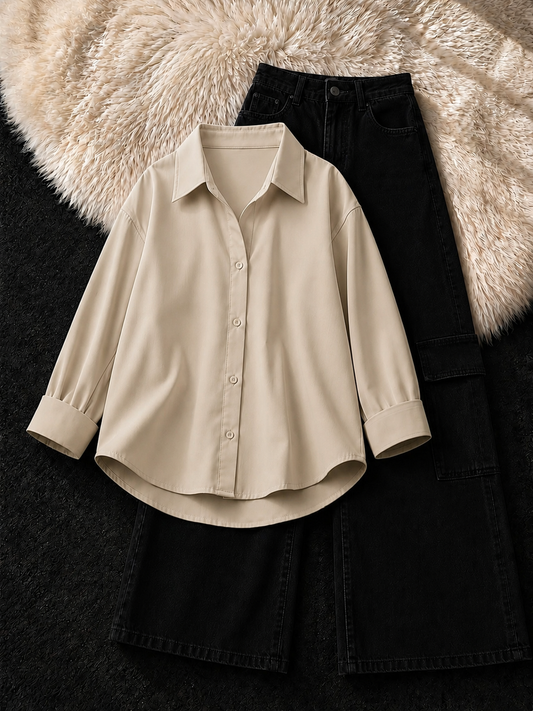 BEIGE BUTTON DOWN & BLACK  CARGO JEANS