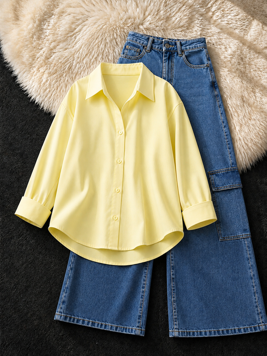 LEMON YELLOW BUTTON DOWN & MID-BLUE CARGO JEANS