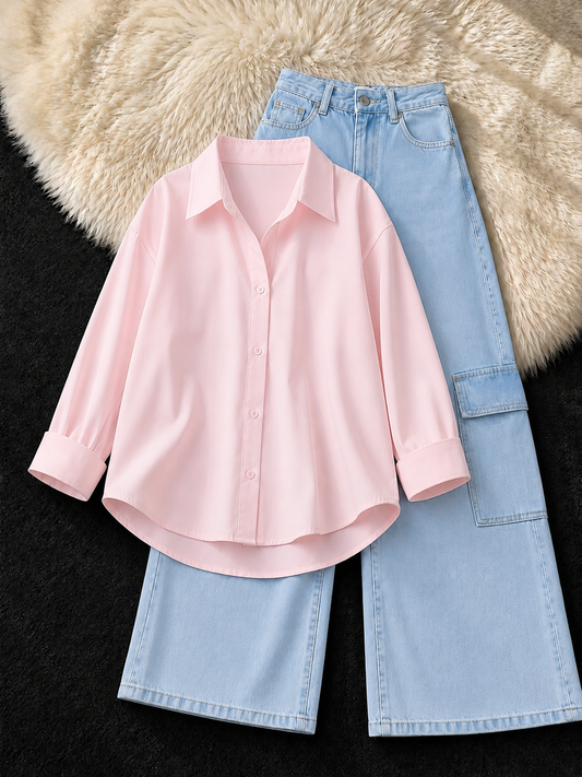 BABY PINK BUTTON DOWN & ICE-BLUE CARGO JEANS