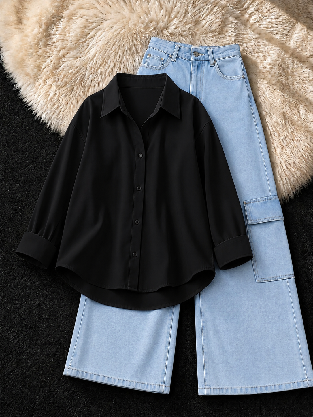 BLACK BUTTON DOWN & ICE-BLUE CARGO JEANS
