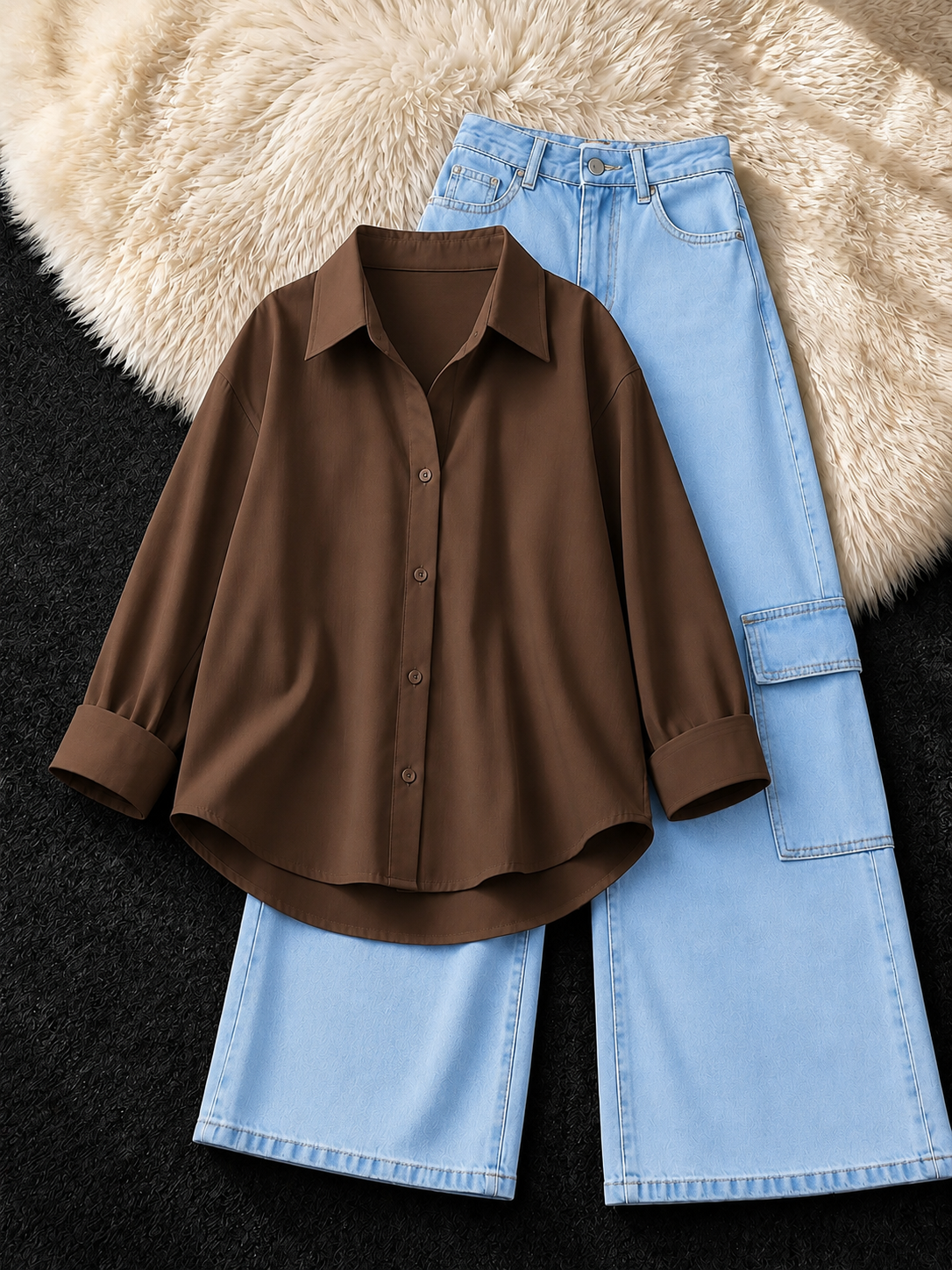 BROWN BUTTON DOWN & SKY-BLUE CARGO JEANS