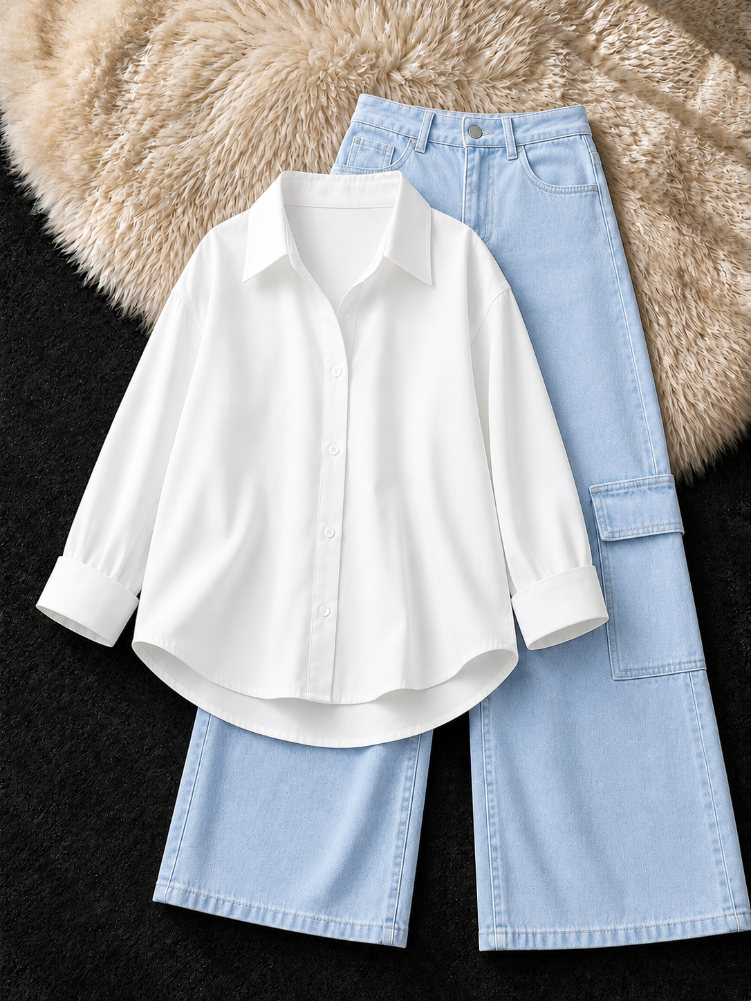 WHITE BUTTON DOWN & ICE-BLUE CARGO JEANS