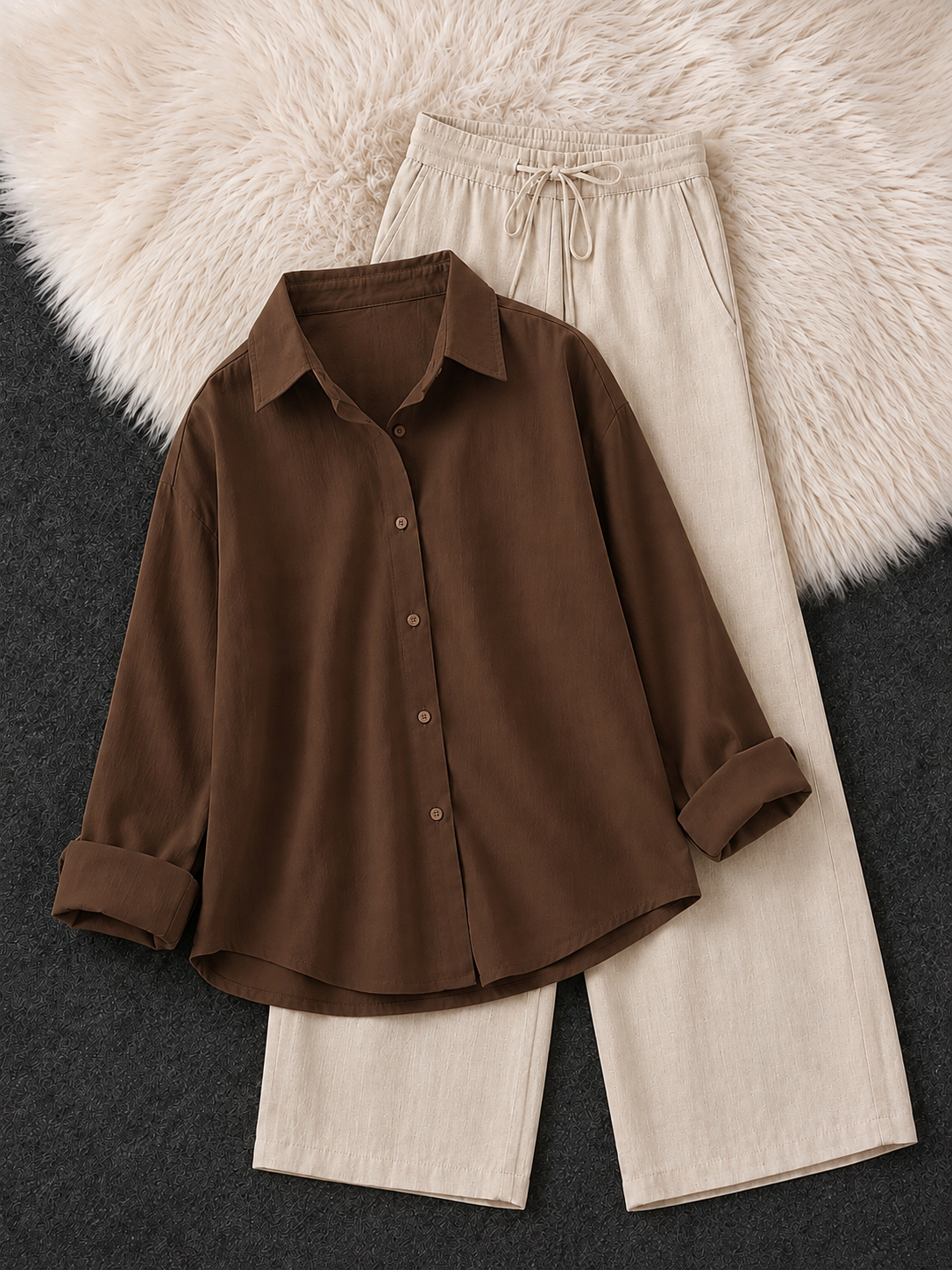 BROWN BUTTON DOWN SHIRT & BEIGE FLAPPER TROUSER