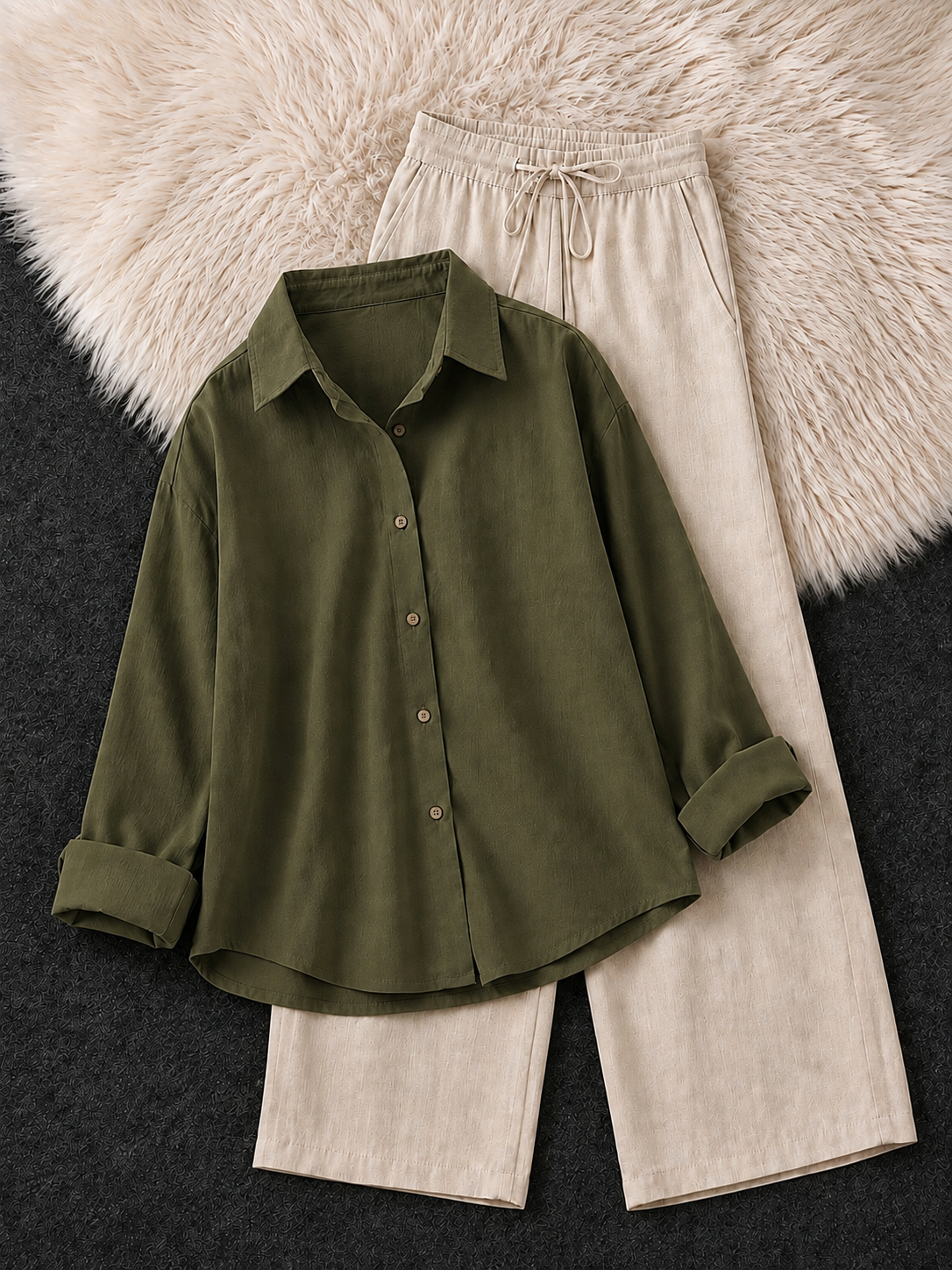 OLIVE GREEN BUTTON DOWN SHIRT & BEIGE FLAPPER TROUSER