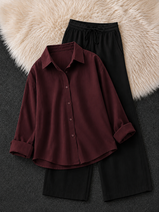 MAROON BUTTON DOWN SHIRT & BLACK FLAPPER TROUSER