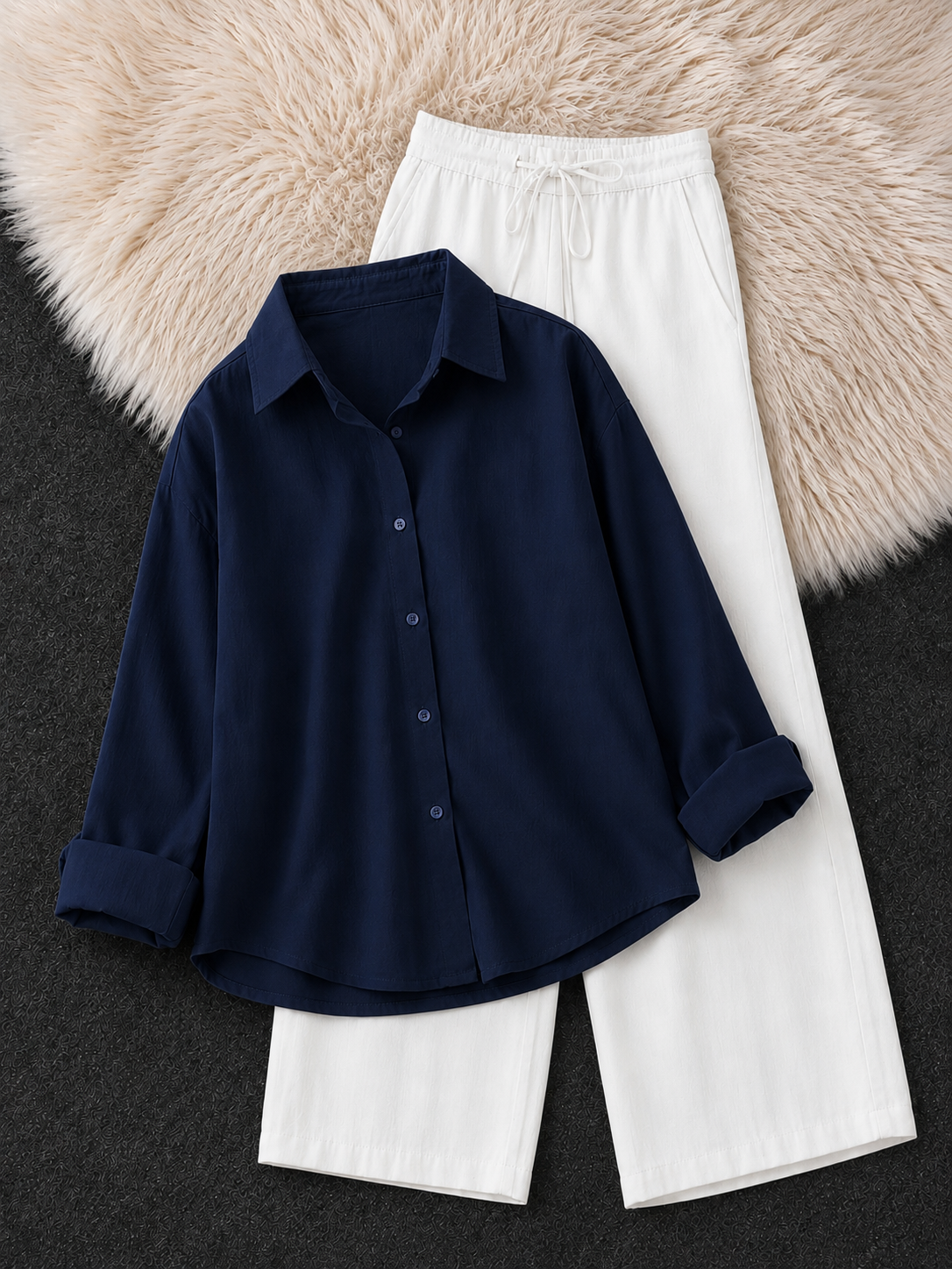 NAVY BLUE BUTTON DOWN SHIRT & WHITE FLAPPER TROUSER