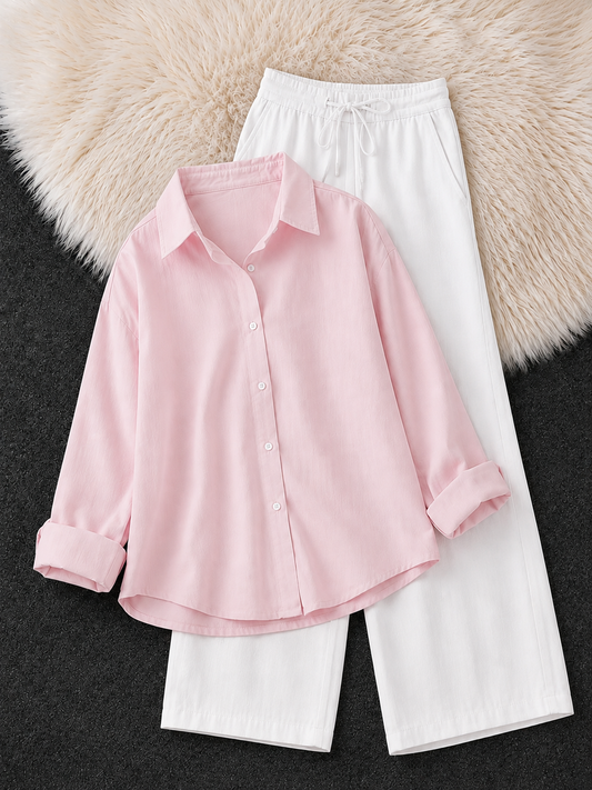 BABY PINK BUTTON DOWN SHIRT & WHITE FLAPPER TROUSER