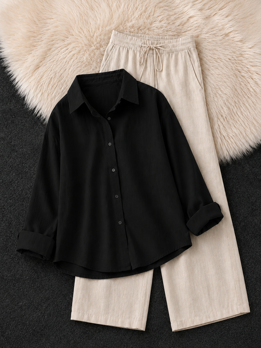 BLACK BUTTON DOWN SHIRT & BEIGE FLAPPER TROUSER