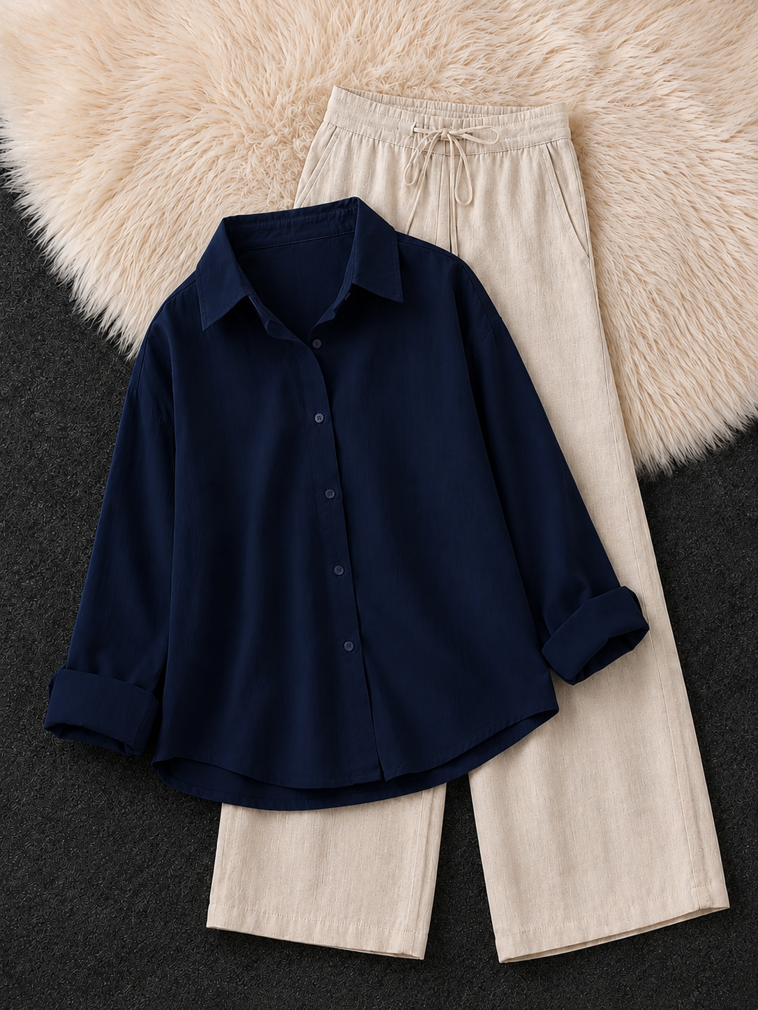 NAVY BLUE BUTTON DOWN SHIRT & BEIGE FLAPPER TROUSER