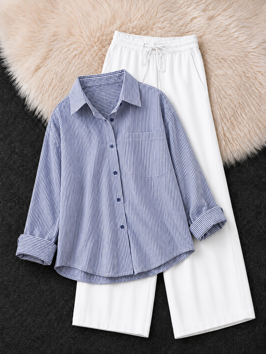 SKY BLUE STRIPED BUTTON DOWN SHIRT & WHITE FLAPPER TROUSER