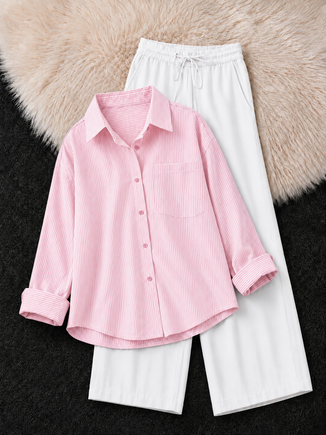 BABY PINK STRIPED BUTTON DOWN SHIRT & WHITE FLAPPER TROUSER