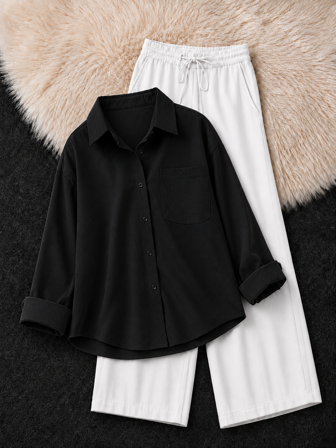 BLACK BUTTON DOWN SHIRT & WHITE FLAPPER TROUSER