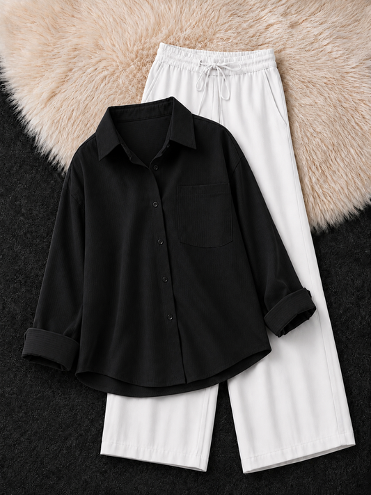 BLACK BUTTON DOWN SHIRT & WHITE FLAPPER TROUSER