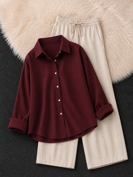 MAROON BUTTON DOWN SHIRT & BEIGE FLAPPER TROUSER