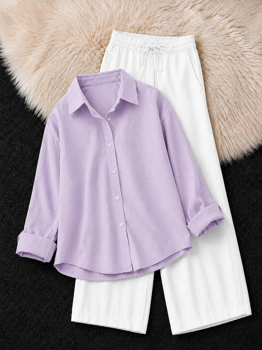 LILAC BUTTON DOWN SHIRT & WHITE FLAPPER TROUSER