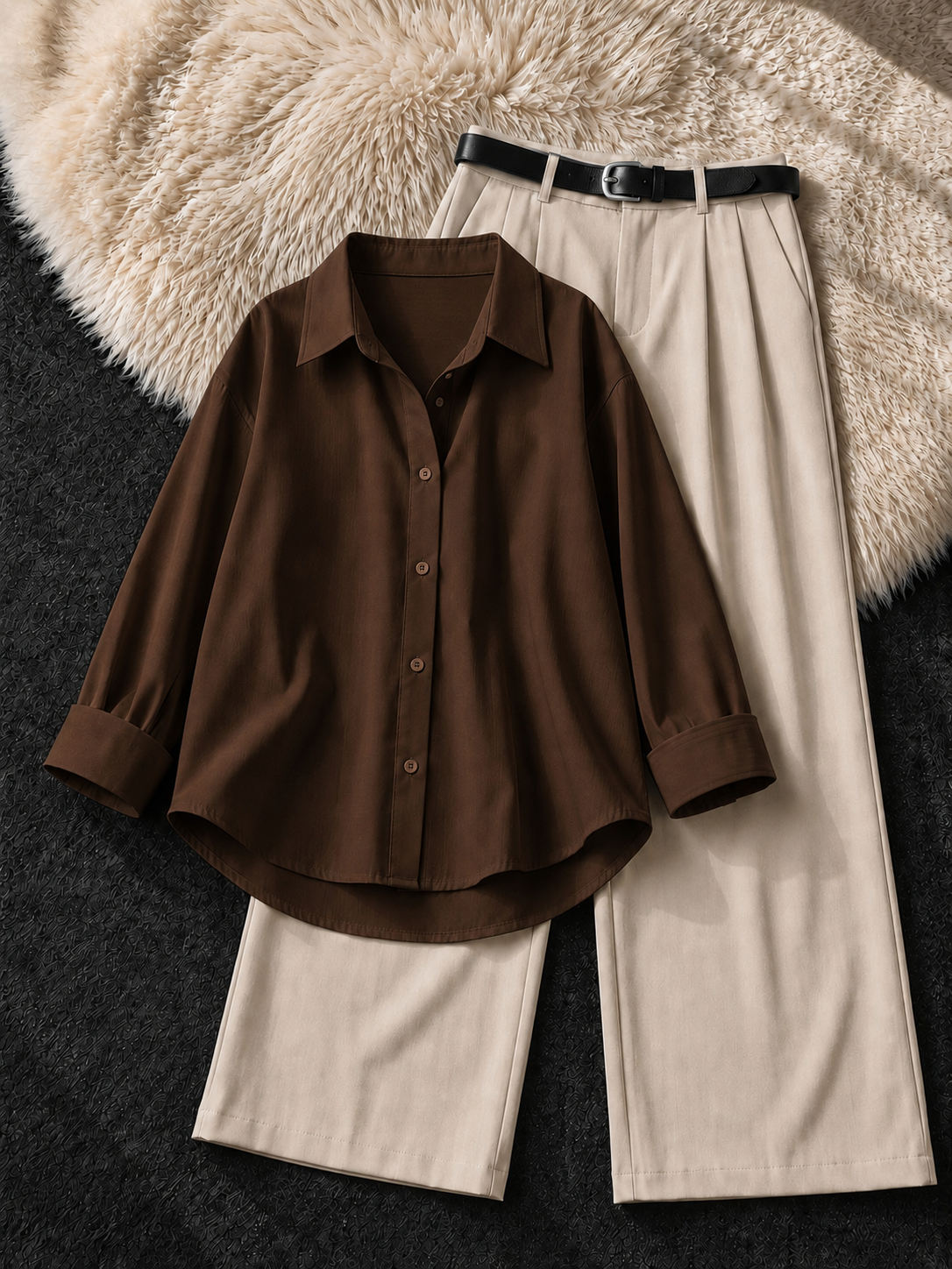 BROWN BUTTON DOWN SHIRT & BEIGE FORMAL PANTS