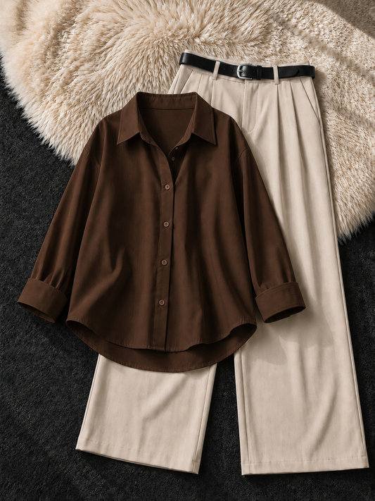BROWN BUTTON DOWN SHIRT & BEIGE FORMAL PANTS
