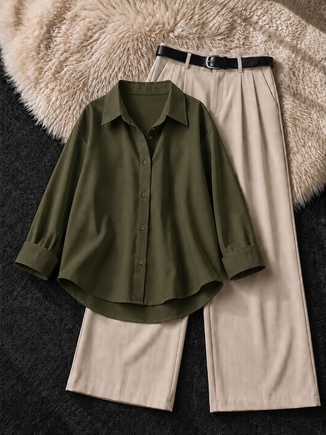 OLIVE GREEN BUTTON DOWN SHIRT & BEIGE FORMAL PANTS