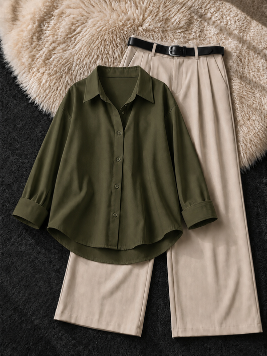 OLIVE GREEN BUTTON DOWN SHIRT & BEIGE FORMAL PANTS