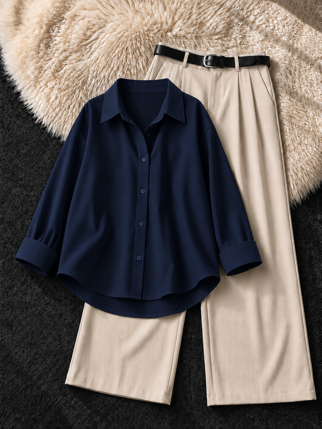 NAVY BLUE BUTTON DOWN SHIRT & BEIGE FORMAL PANTS