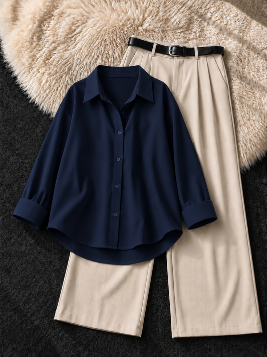 NAVY BLUE BUTTON DOWN SHIRT & BEIGE FORMAL PANTS