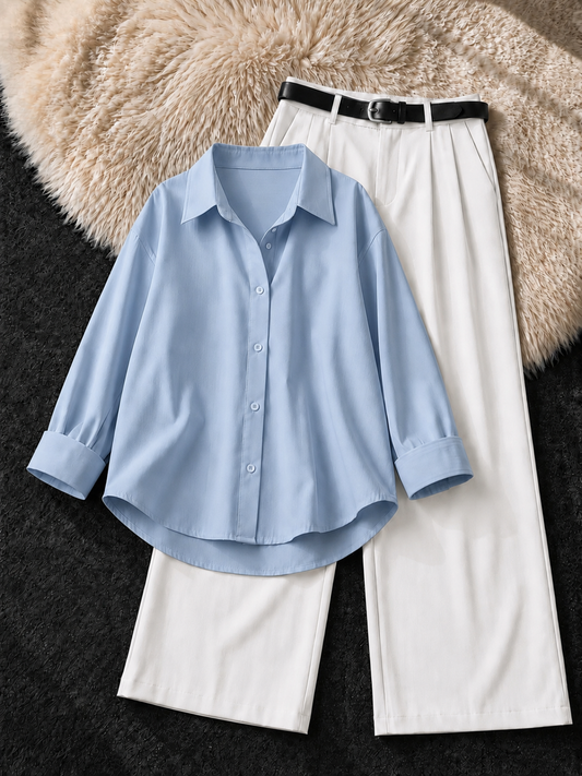 SKY BLUE BUTTON DOWN SHIRT & WHITE FORMAL PANTS