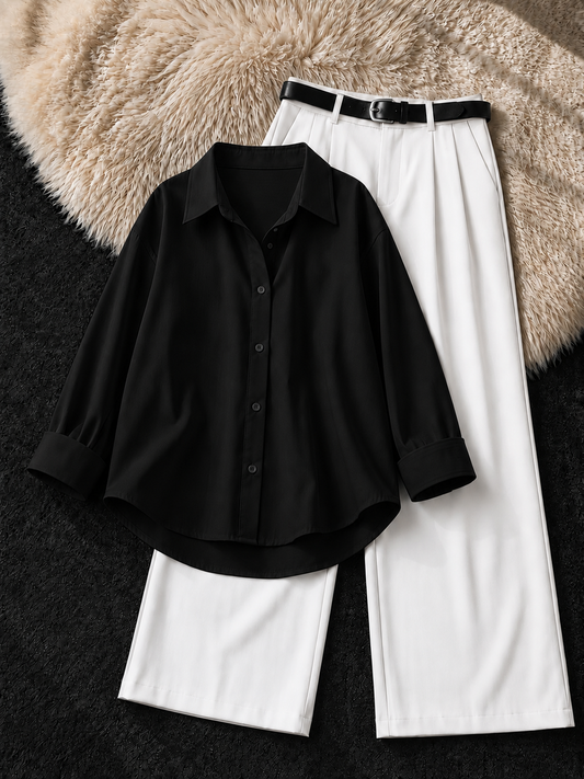 BLACK BUTTON DOWN SHIRT & WHITE FORMAL PANTS