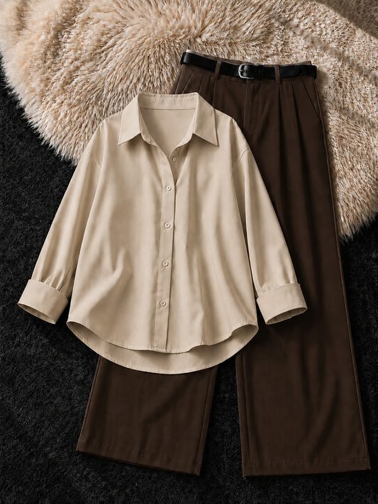 BEIGE BUTTON DOWN SHIRT & BROWN  FORMAL PANTS