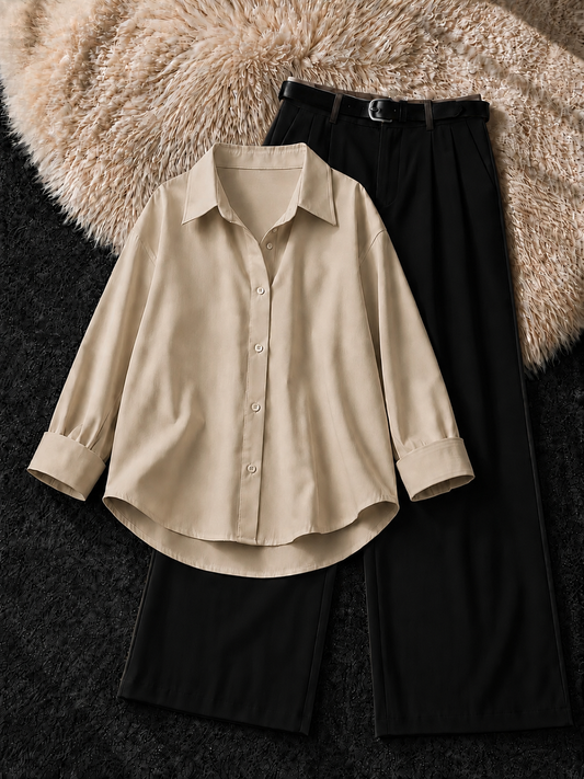 BEIGE BUTTON DOWN SHIRT & BLACK FORMAL PANTS