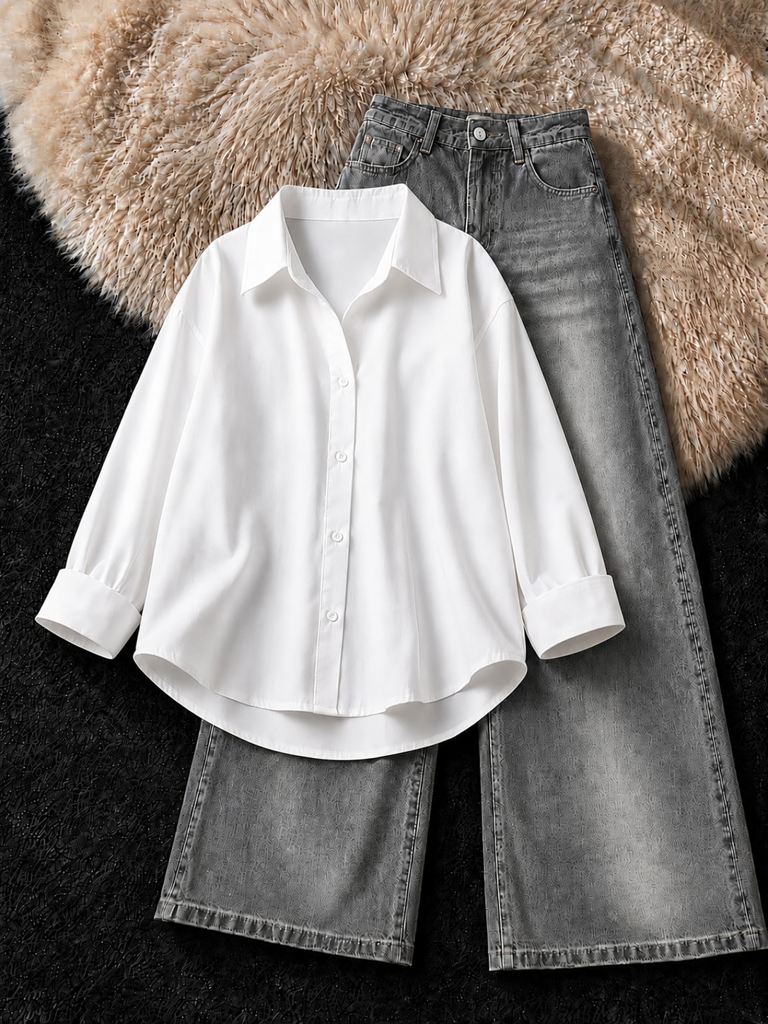 WHITE BUTTON DOWN SHIRT & FADED GREY VINTAGE JEANS