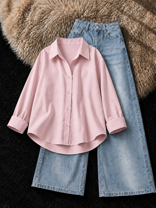 BABY PINK BUTTON DOWN SHIRT & FADED SKY-BLUE VINTAGE JEANS