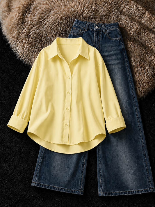 LEMON YELLOW BUTTON DOWN SHIRT & FADED DARK BLUE VINTAGE JEANS