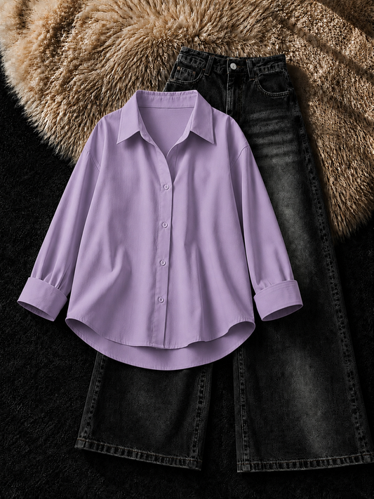LILAC BUTTON DOWN SHIRT & FADED BLACK VINTAGE JEANS