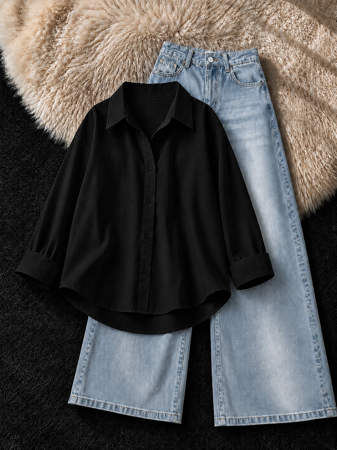 BLACK BUTTON DOWN SHIRT & FADED ICE-BLUE VINTAGE JEANS