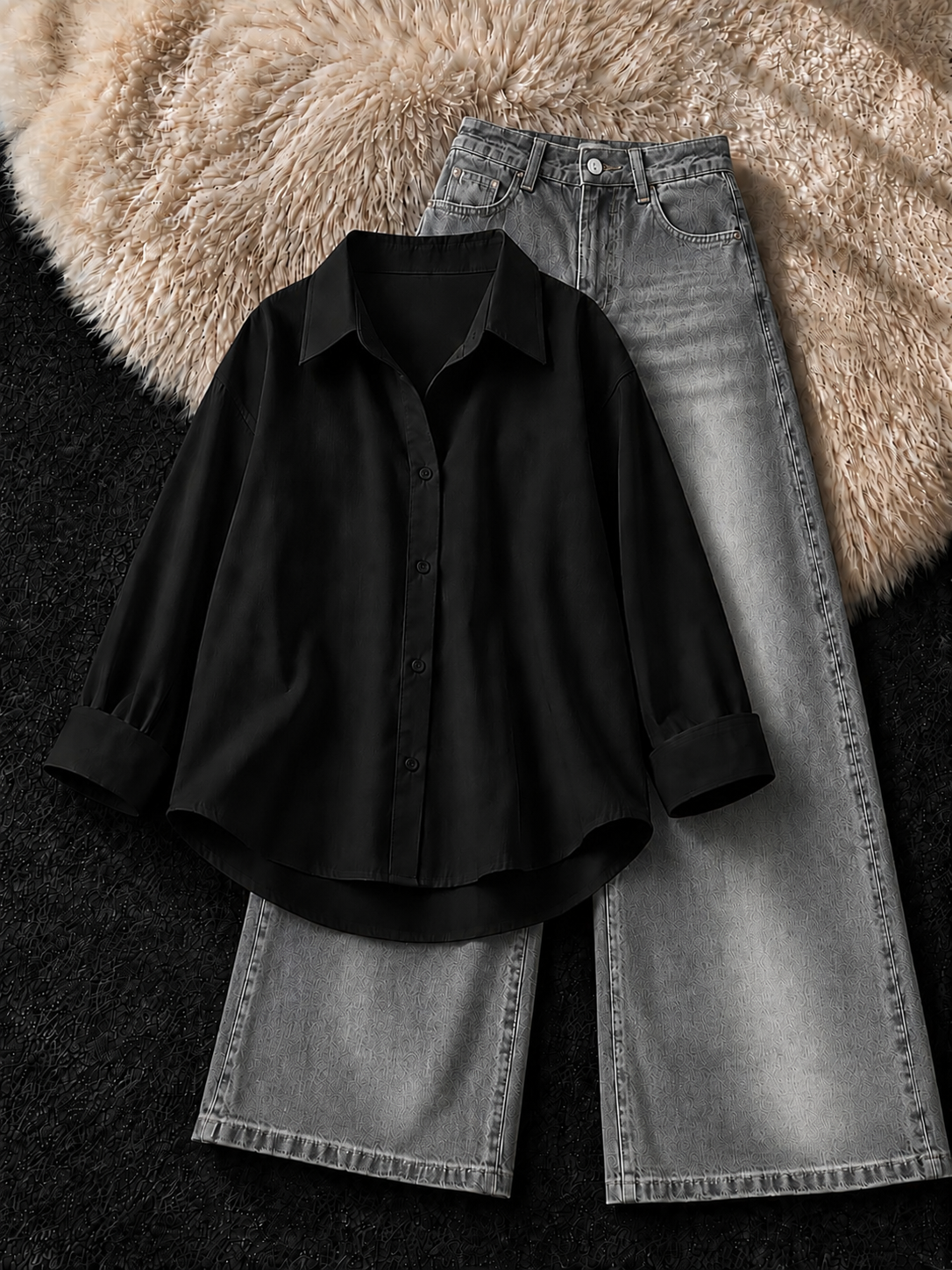 BLACK BUTTON DOWN SHIRT & FADED GREY VINTAGE JEANS