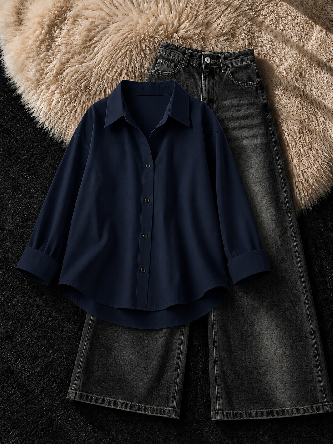 NAVY BLUE BUTTON DOWN SHIRT & FADED BLACK VINTAGE JEANS