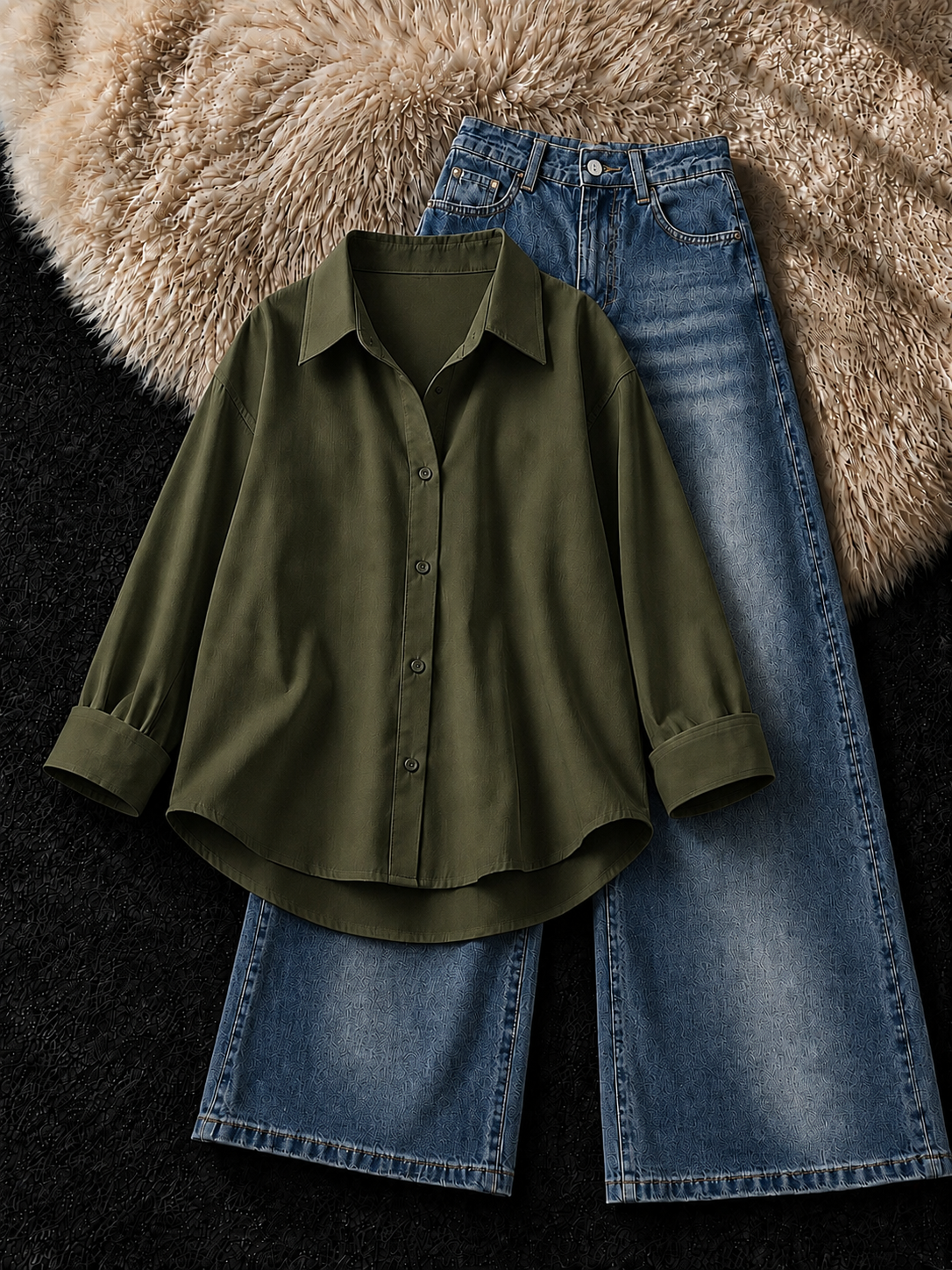 OLIVE GREEN BUTTON DOWN SHIRT & FADED DARK MID-BLUE VINTAGE JEANS