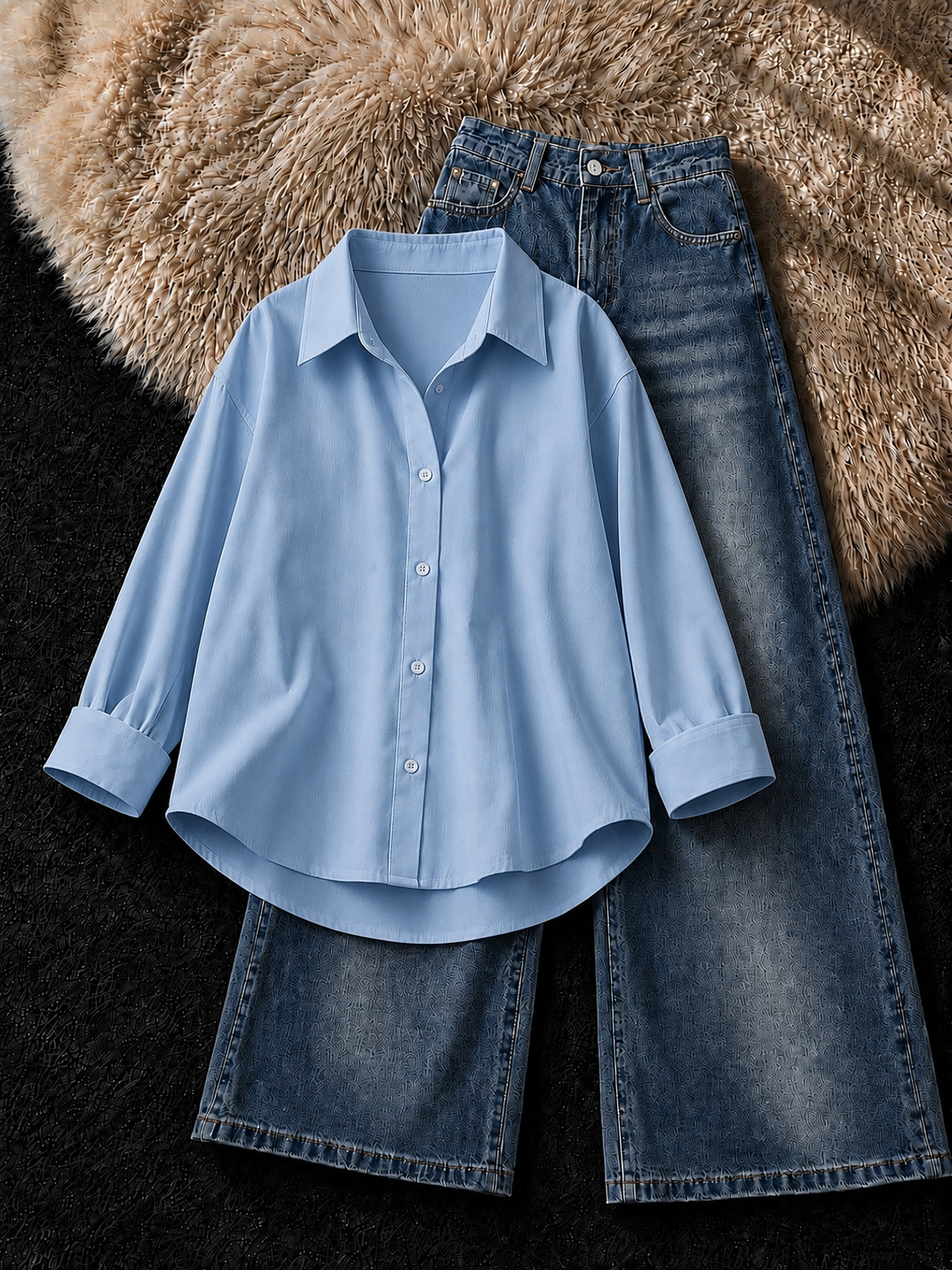 SKY BLUE BUTTON DOWN SHIRT & FADED DARK MID-BLUE VINTAGE JEANS