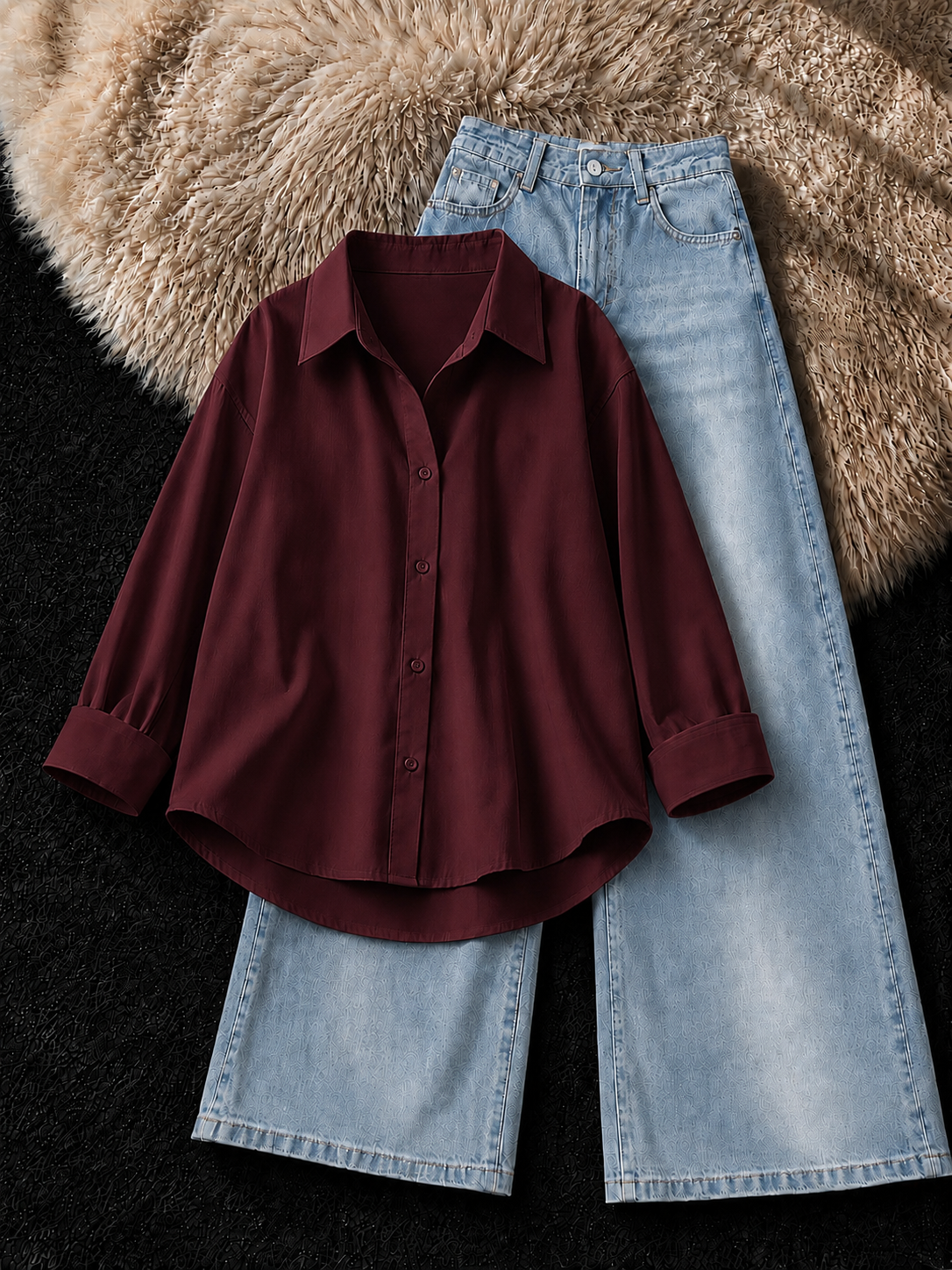 MAROON BUTTON DOWN SHIRT & FADED ICE-BLUE VINTAGE JEANS