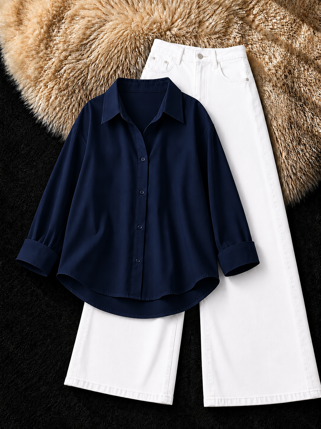 NAVY-BLUE BUTTON DOWN SHIRT & WHITE WIDE LEG JEANS