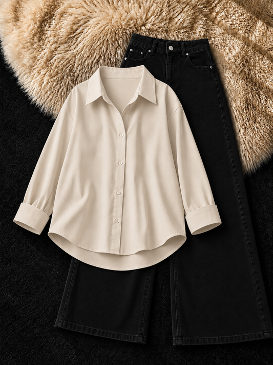 BEIGE BUTTON DOWN SHIRT & BLACK WIDE LEG JEANS
