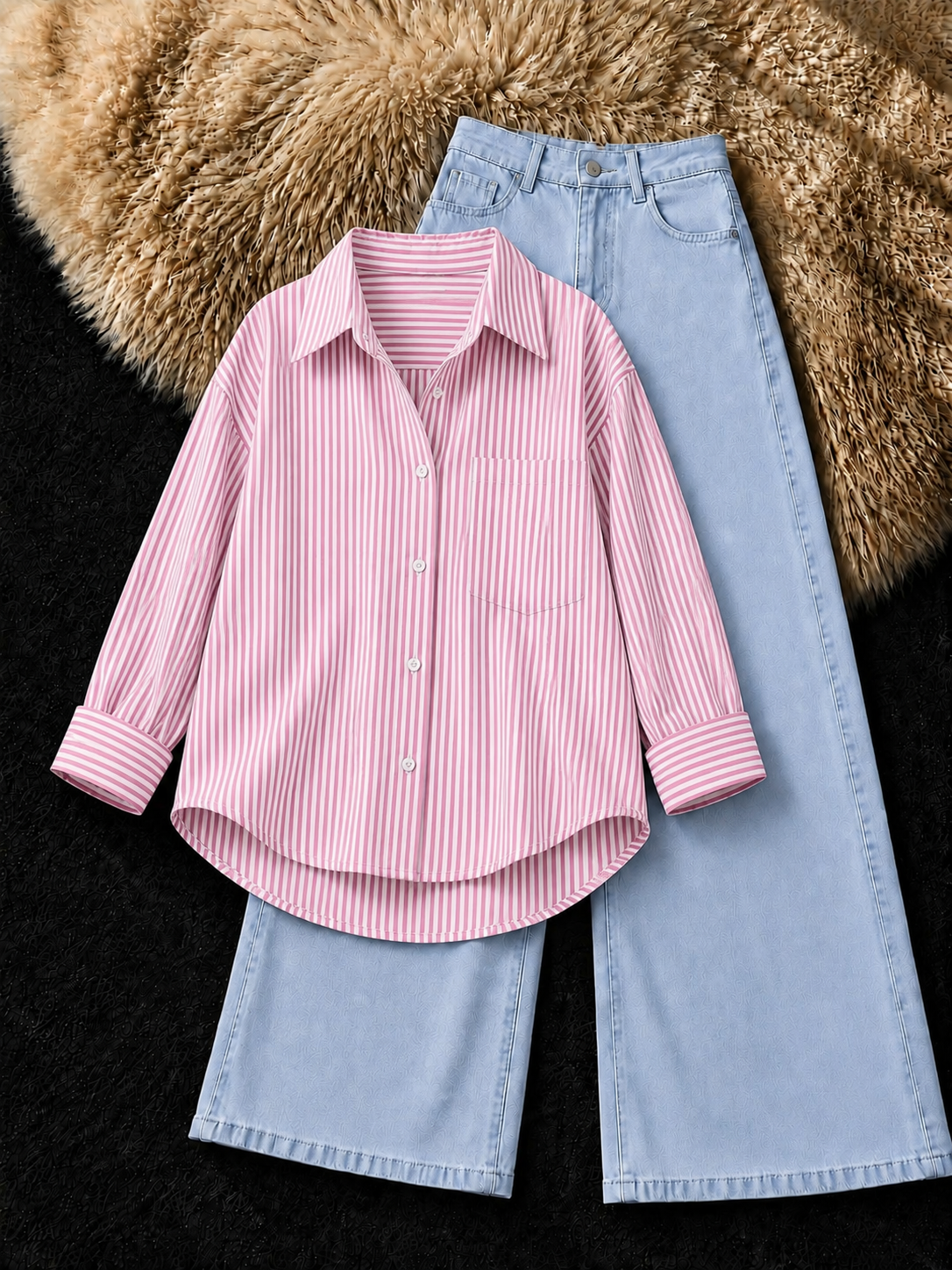 BABY PINK STRIPED BUTTON DOWN SHIRT & ICE-BLUE WIDE LEG JEANS