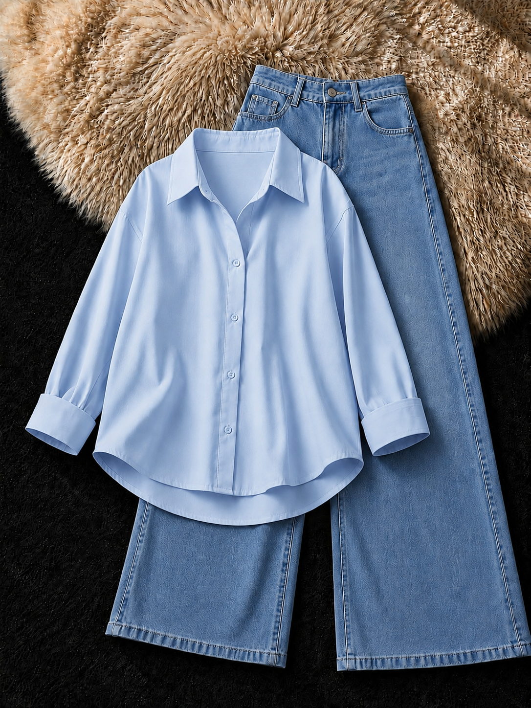 SKY-BLUE BUTTON DOWN SHIRT & MID BLUE WIDE LEG JEANS