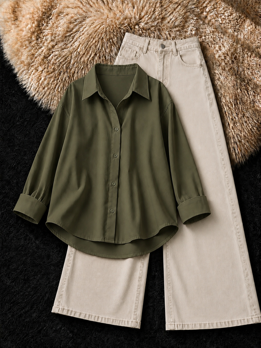 OLIVE GREEN BUTTON DOWN SHIRT & BEIGE WIDE LEG JEANS