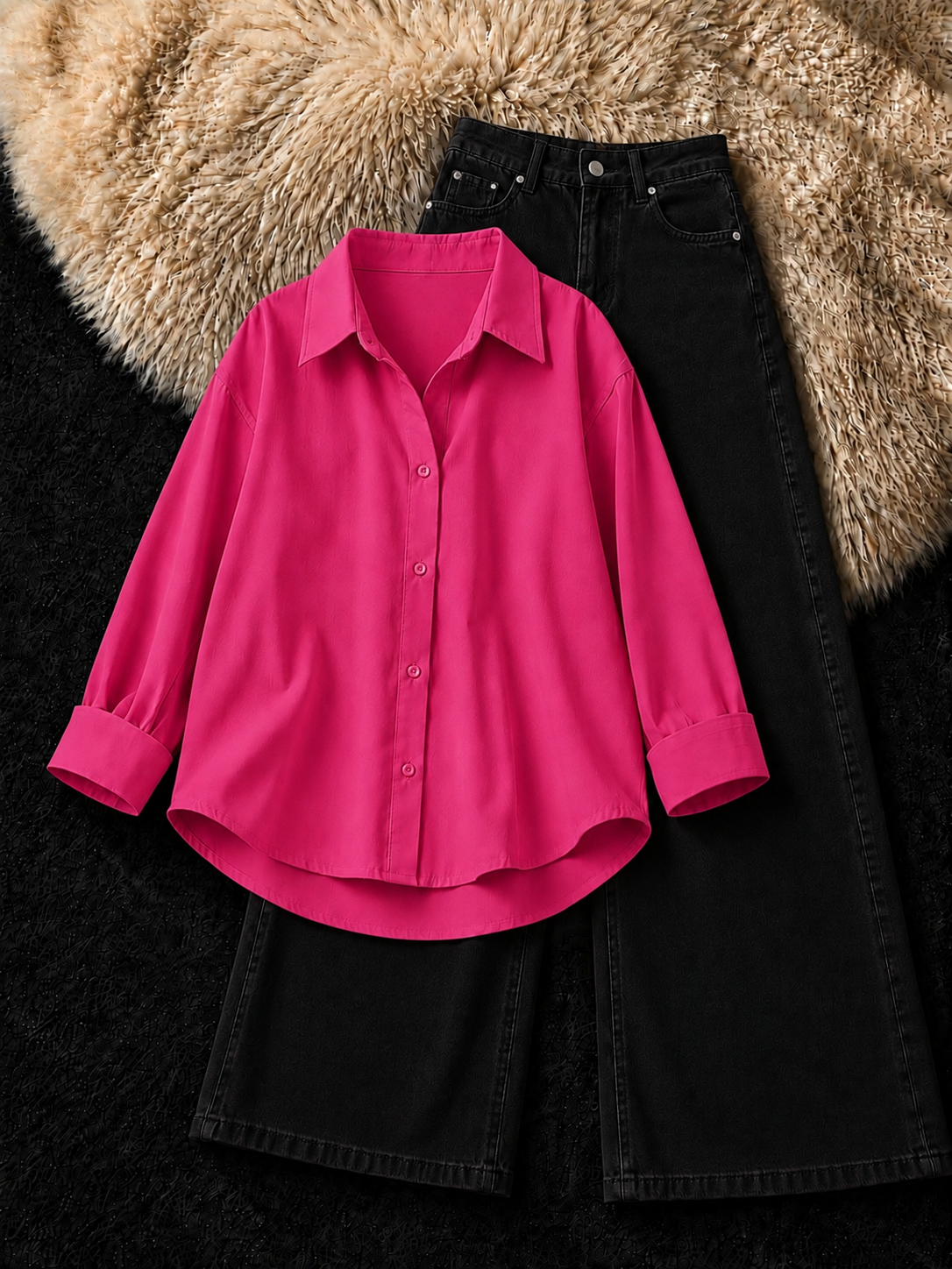 HOT PINK BUTTON DOWN SHIRT & BLACK WIDE LEG JEANS